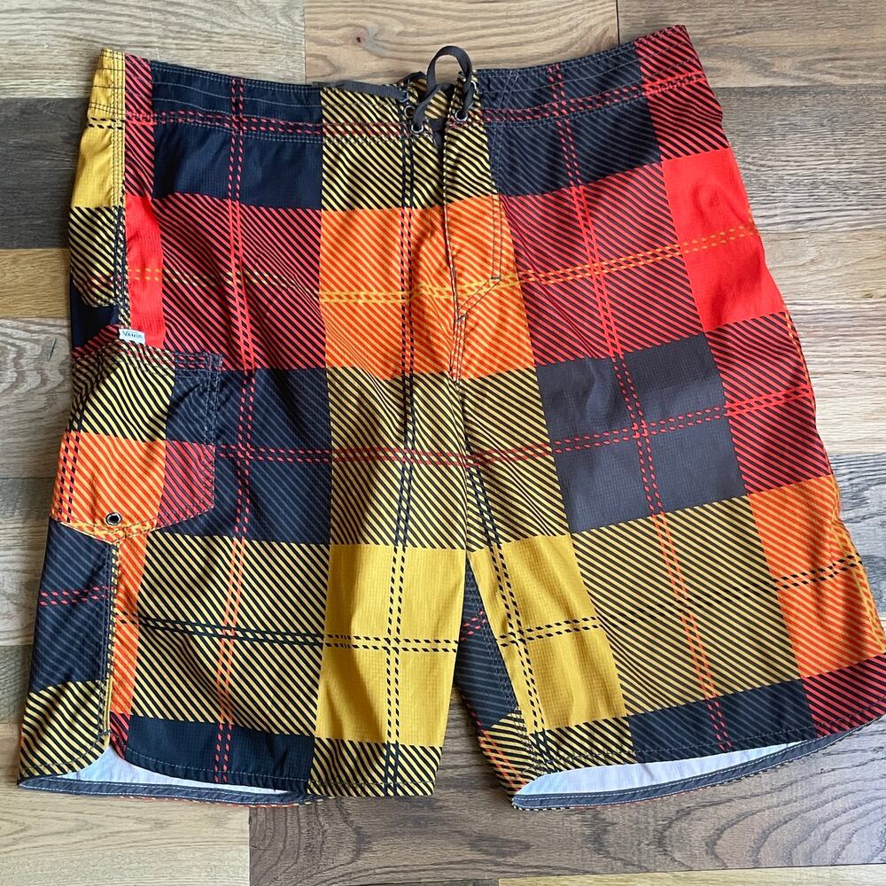 Vans Era Check Men's 38 Plaid Boardshorts Red Yellow Black Surf Swim